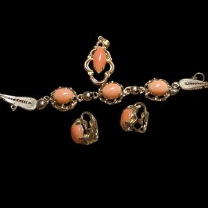 Vntg Sorrento 12k Gold Fill Coral Bracelet and Earrings w/ pendant